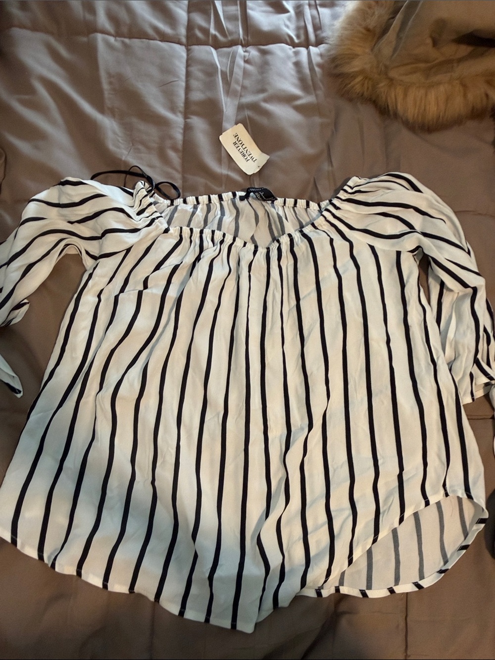 Forever 21 White Blouse with Black Vertical Stripes